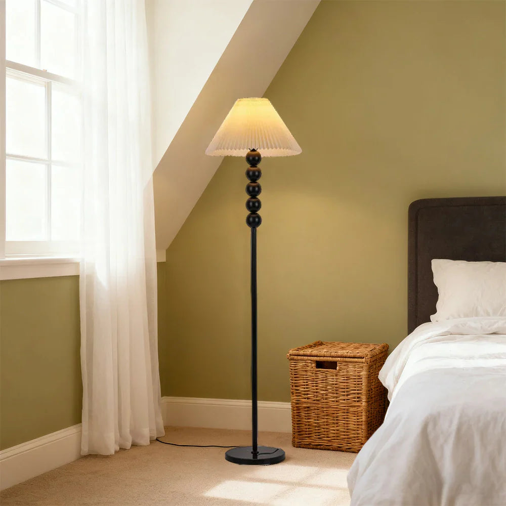 LIVARA 5W/7W/12W Three-Color Dimmable Floor Lamp with Full-Spectrum Eye-Protection Light, Fabric Shade, E27 Bulb & Black Iron Base - Yellow