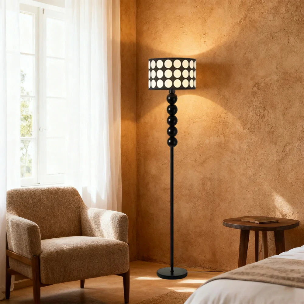 LIVARA 9W/12W Floor Lamp with Three-Color Dimmable Light, Polka Dot Fabric Shade & Modern Iron Base - Black