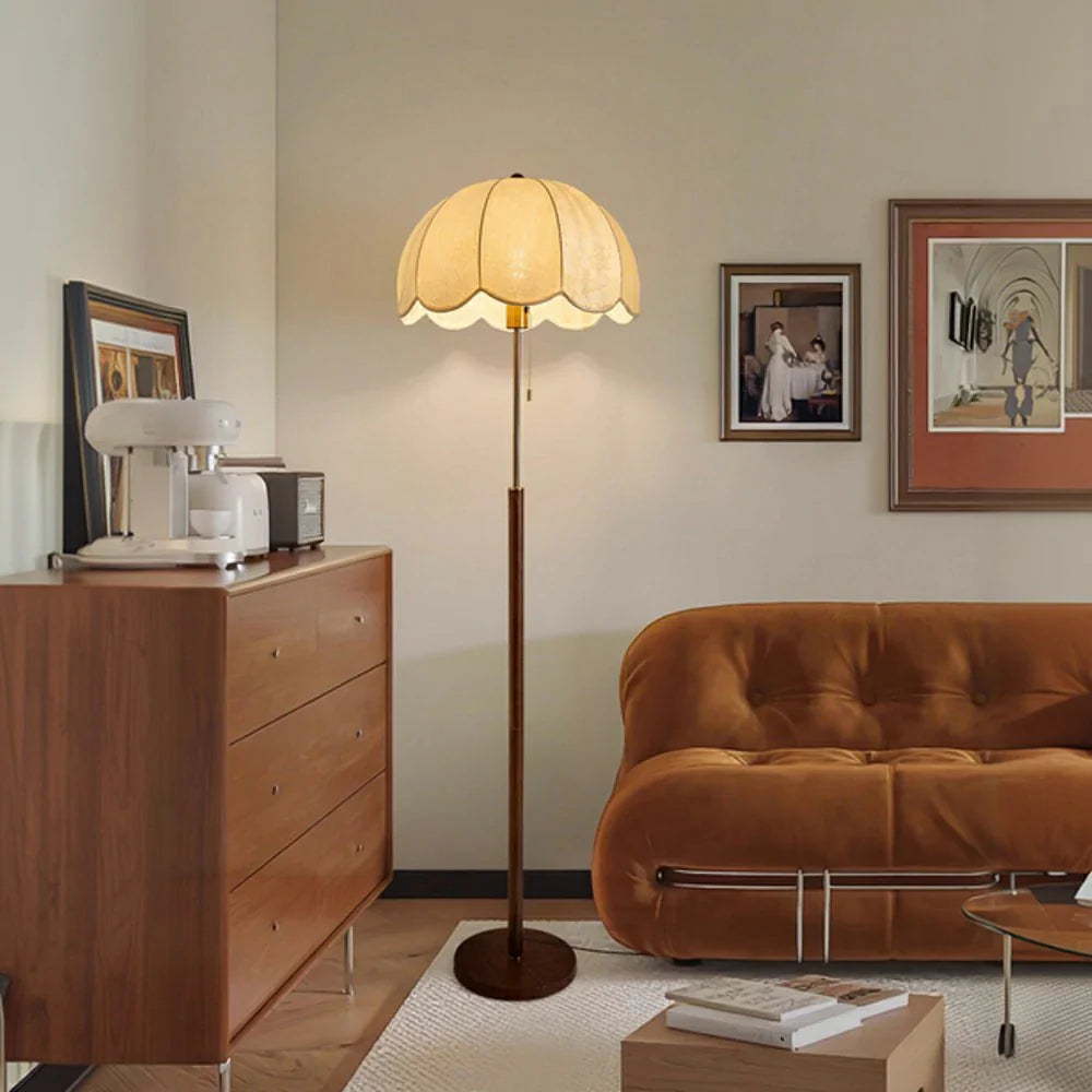 LIVARA Floor Lamp with Jacquard Fabric Shade, 9/12W Wood-Grain Iron Pole, Pull Chain - Anti-Wobble Base & Fire-Retardant Holder