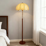LIVARA Floor Lamp with Jacquard Fabric Shade, 9/12W Wood-Grain Iron Pole, Pull Chain - Anti-Wobble Base & Fire-Retardant Holder