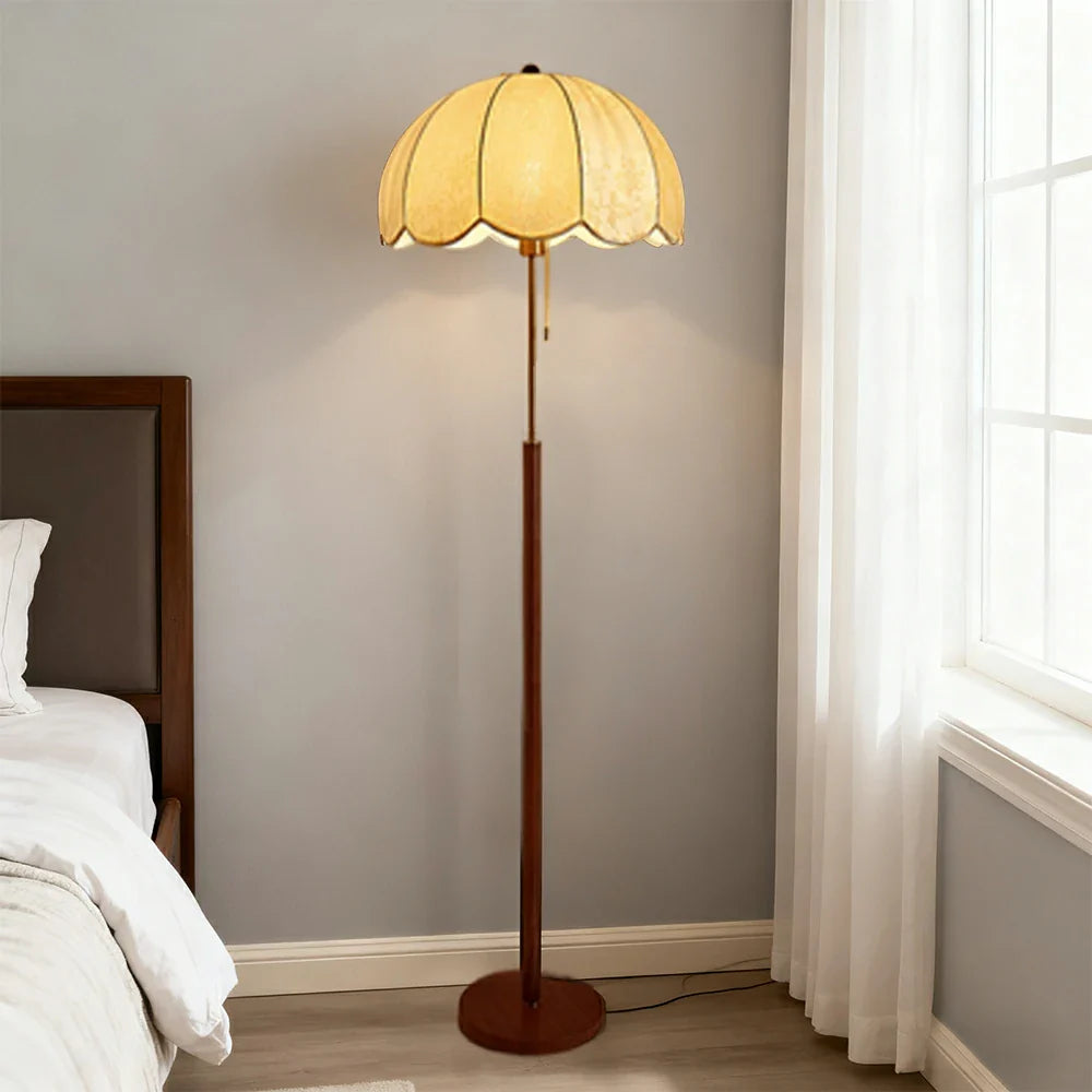 LIVARA Floor Lamp with Jacquard Fabric Shade, 9/12W Wood-Grain Iron Pole, Pull Chain - Anti-Wobble Base & Fire-Retardant Holder