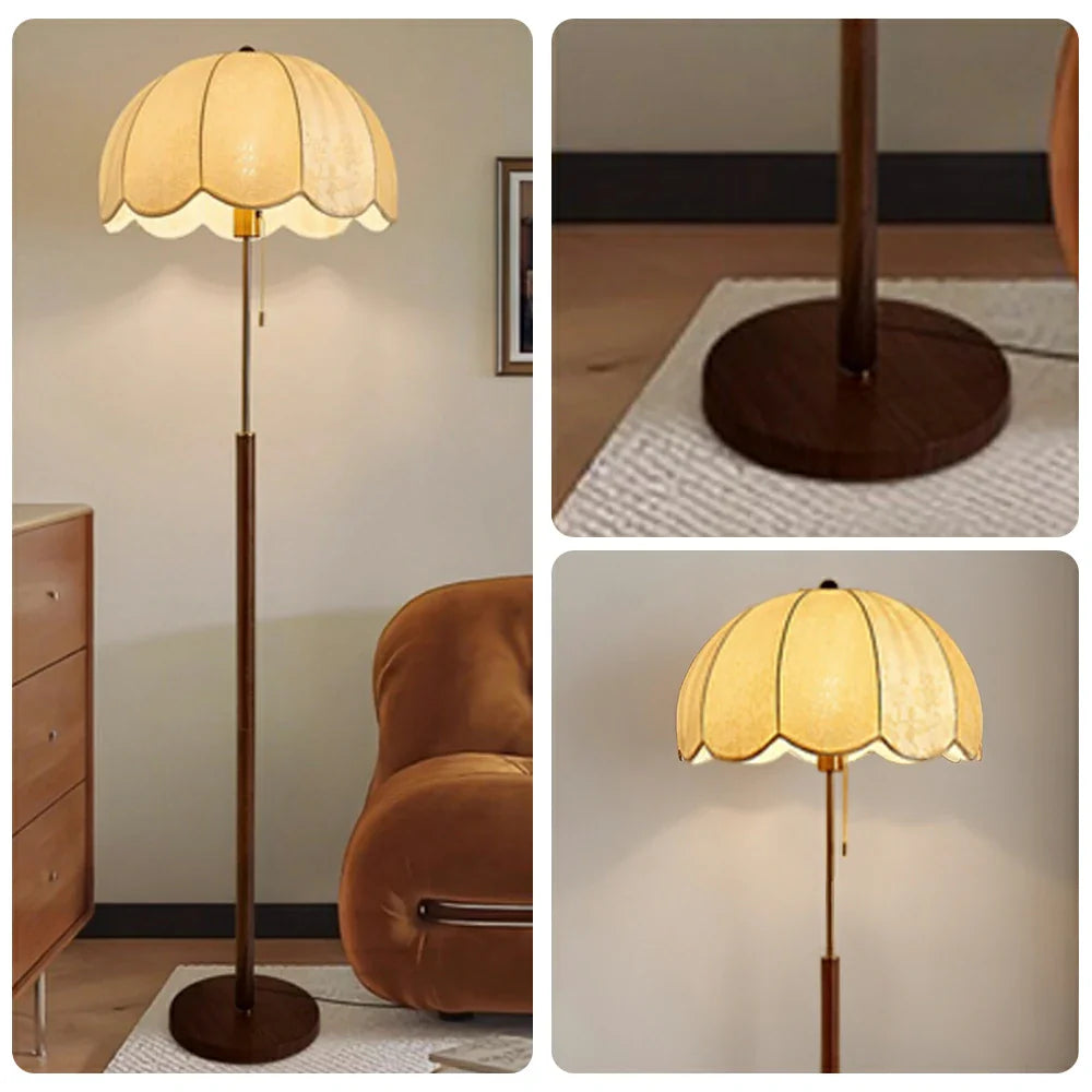LIVARA Floor Lamp with Jacquard Fabric Shade, 9/12W Wood-Grain Iron Pole, Pull Chain - Anti-Wobble Base & Fire-Retardant Holder