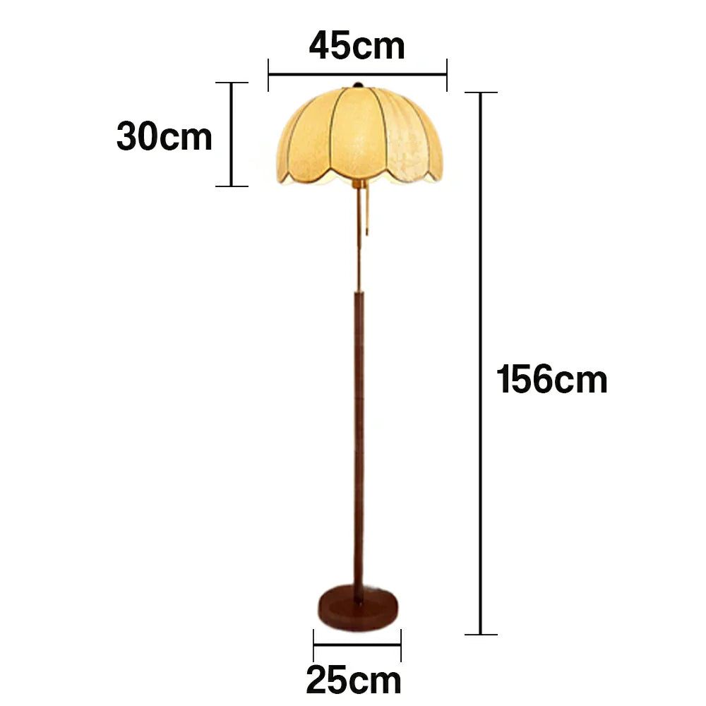 LIVARA Floor Lamp with Jacquard Fabric Shade, 9/12W Wood-Grain Iron Pole, Pull Chain - Anti-Wobble Base & Fire-Retardant Holder