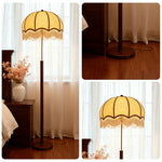 LIVARA Fabric Floor Lamp with Textured Shade, 9/12W Wood-Grain Metal Stand, Foot Switch & Stable Weighted Base