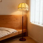 LIVARA Fabric Floor Lamp with Textured Shade, 9/12W Wood-Grain Metal Stand, Foot Switch & Stable Weighted Base
