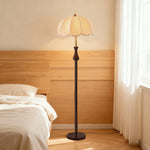 LIVARA 9/12W Pull Chain, Fabric Floor Lamp with Wood-Grain Iron Pole, Anti-Wobble Base & Fire-Retardant Lamp Holder - Gold&Walnut