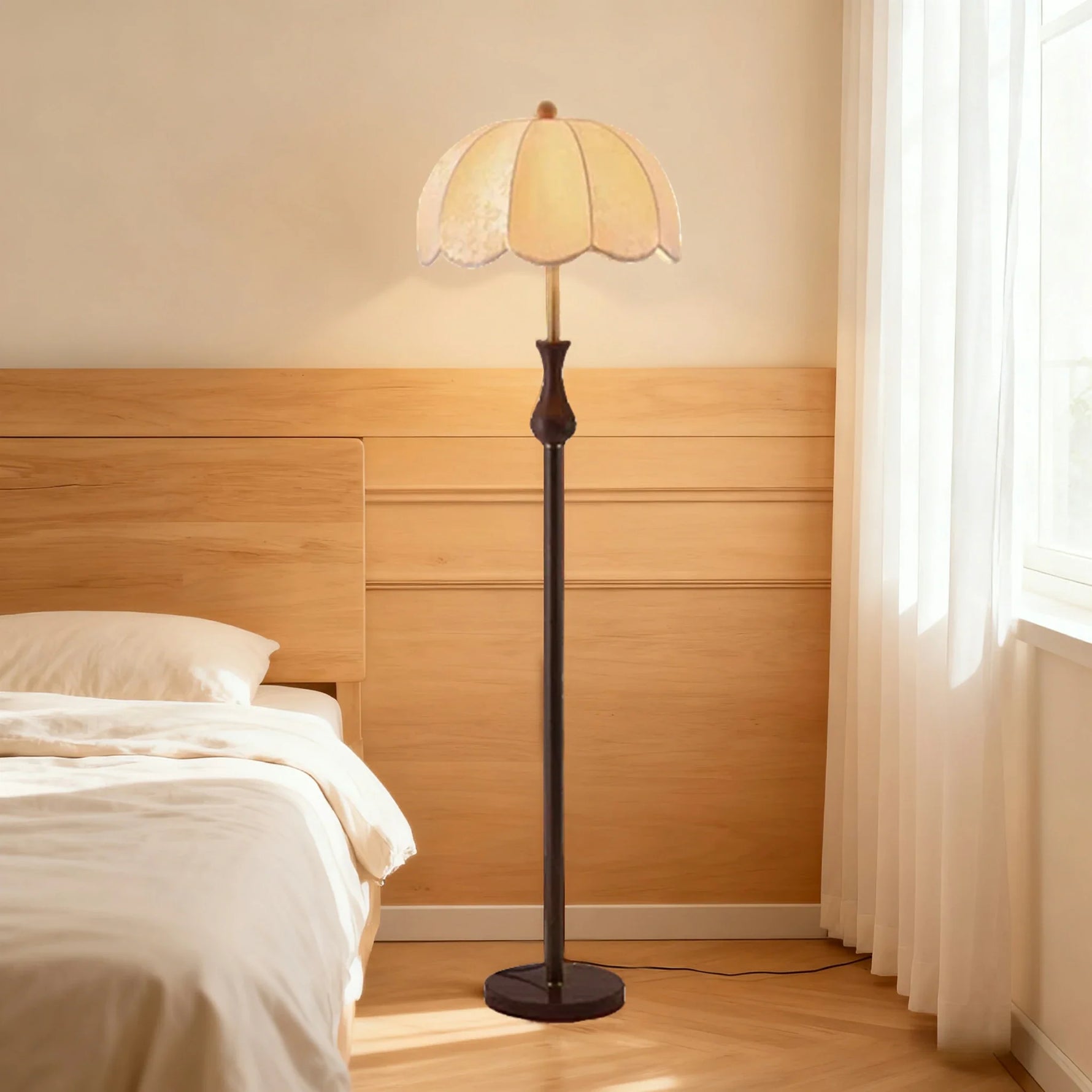 LIVARA 9/12W Pull Chain, Fabric Floor Lamp with Wood-Grain Iron Pole, Anti-Wobble Base & Fire-Retardant Lamp Holder - Gold&Walnut