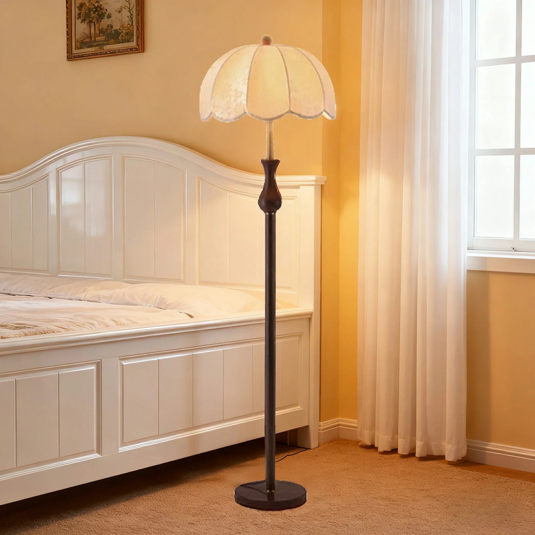 LIVARA 9/12W Pull Chain, Fabric Floor Lamp with Wood-Grain Iron Pole, Anti-Wobble Base & Fire-Retardant Lamp Holder - Gold&Walnut
