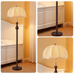 LIVARA 9/12W Pull Chain, Fabric Floor Lamp with Wood-Grain Iron Pole, Anti-Wobble Base & Fire-Retardant Lamp Holder - Gold&Walnut