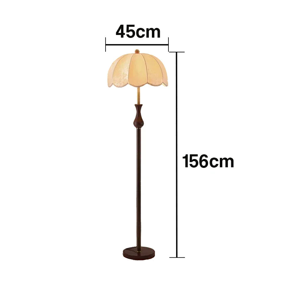 LIVARA 9/12W Pull Chain, Fabric Floor Lamp with Wood-Grain Iron Pole, Anti-Wobble Base & Fire-Retardant Lamp Holder - Gold&Walnut