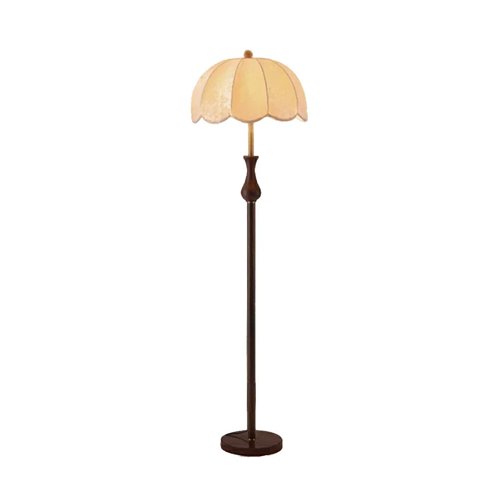 LIVARA 9/12W Pull Chain, Fabric Floor Lamp with Wood-Grain Iron Pole, Anti-Wobble Base & Fire-Retardant Lamp Holder - Gold&Walnut