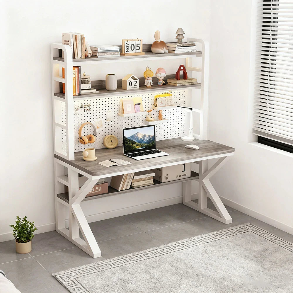 LIVARA Office - Space-Saving Desk Thick Steel White Panels, Storage Design, 100/120/140cm, Frame, and Pegboard 2-in-1 Grey