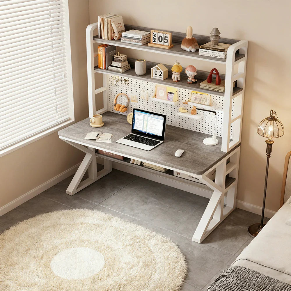 LIVARA Office - Space-Saving Desk Thick Steel White Panels, Storage Design, 100/120/140cm, Frame, and Pegboard 2-in-1 Grey