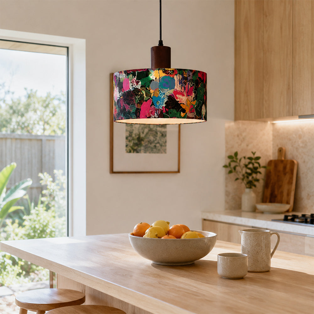 LIVARA Large 35cm Painted Fabric Drum Pendant Light for Dining Room Bedroom - Multicolour