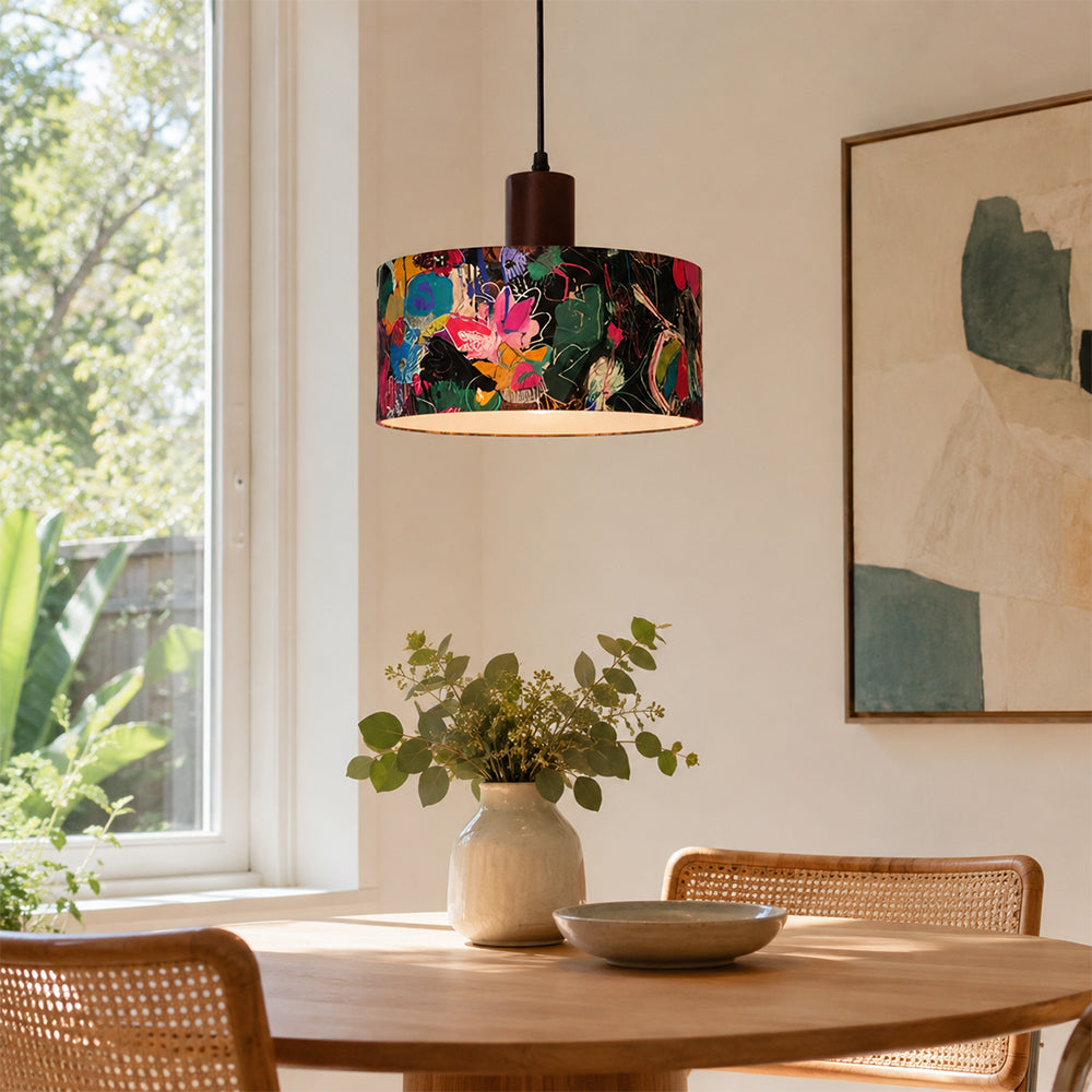 LIVARA Large 35cm Painted Fabric Drum Pendant Light for Dining Room Bedroom - Multicolour