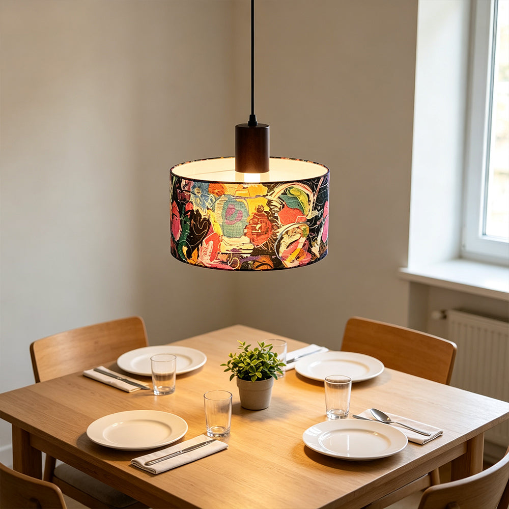 LIVARA Large 35cm Painted Fabric Drum Pendant Light for Dining Room Bedroom - Multicolour