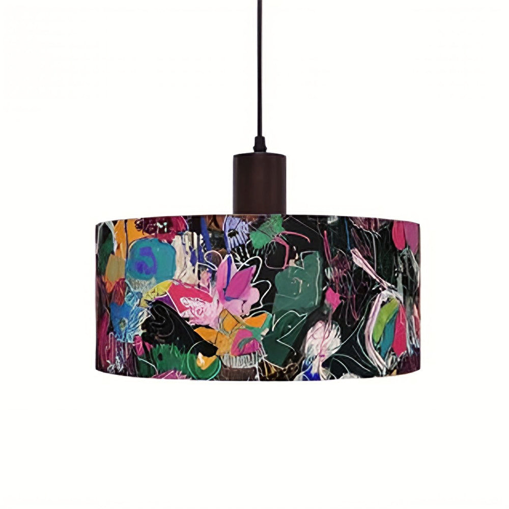 LIVARA Large 35cm Painted Fabric Drum Pendant Light for Dining Room Bedroom - Multicolour