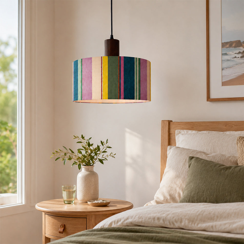LIVARA Large 35cm Colourful Striped Fabric Drum Pendant Light for Dining Room Bedroom - Multicolour