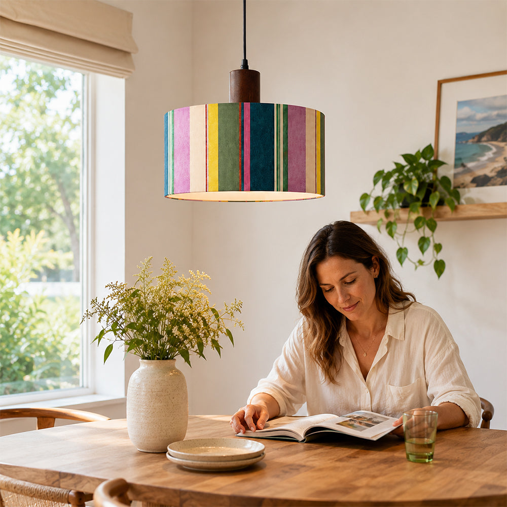 LIVARA Large 35cm Colourful Striped Fabric Drum Pendant Light for Dining Room Bedroom - Multicolour