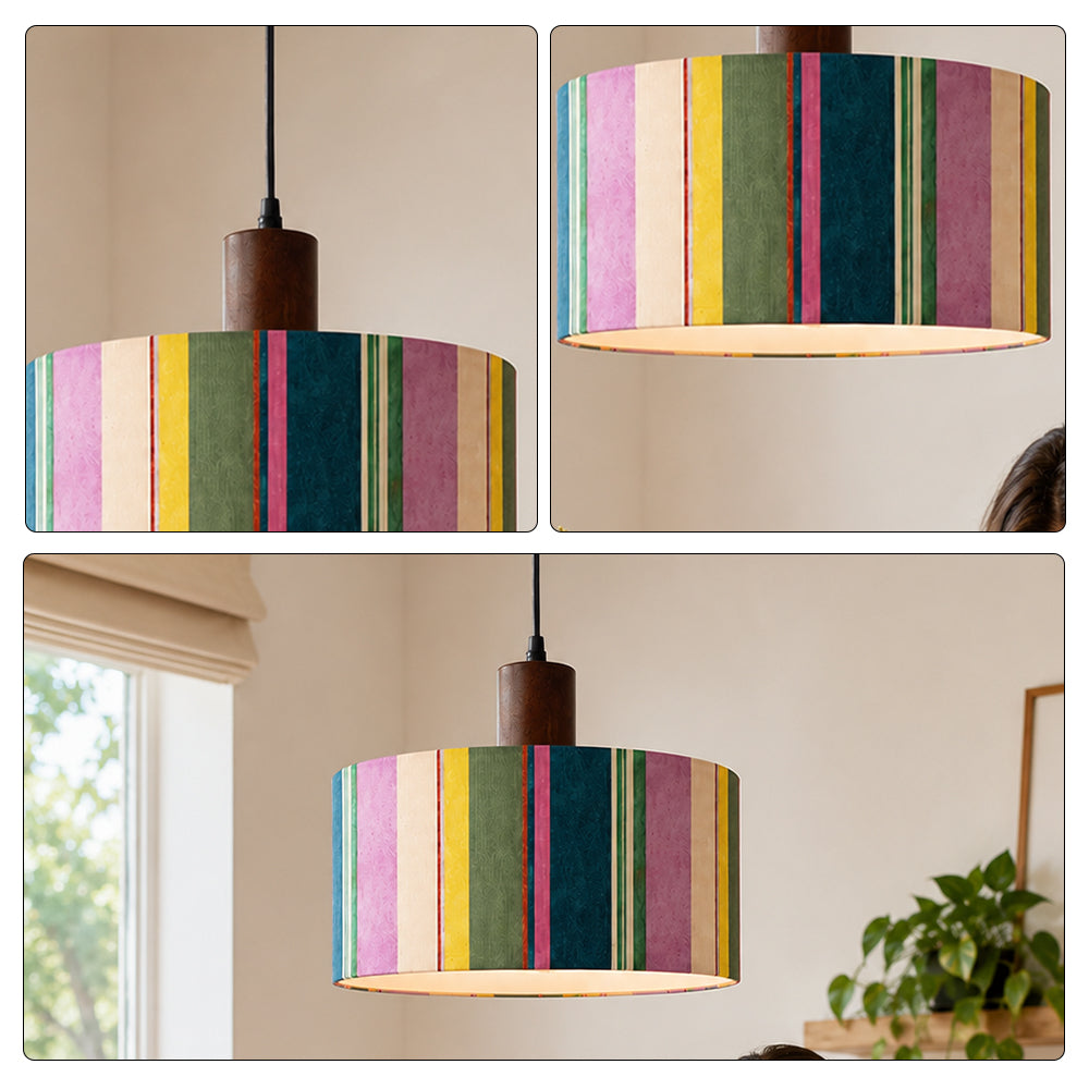 LIVARA Large 35cm Colourful Striped Fabric Drum Pendant Light for Dining Room Bedroom - Multicolour