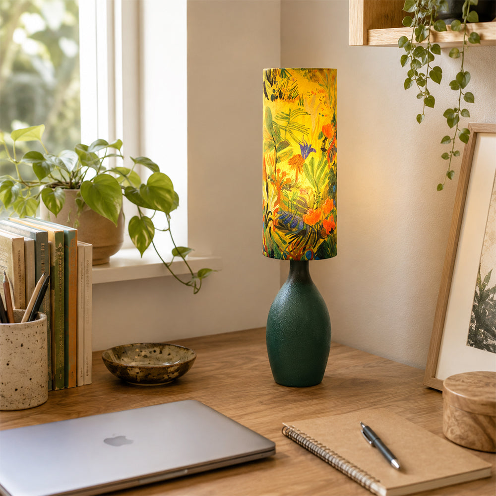 LIVARA Tropical Botanical Fabric Table Lamp Plug-In Accent Light for Bedroom Living Room - Yellow & Green
