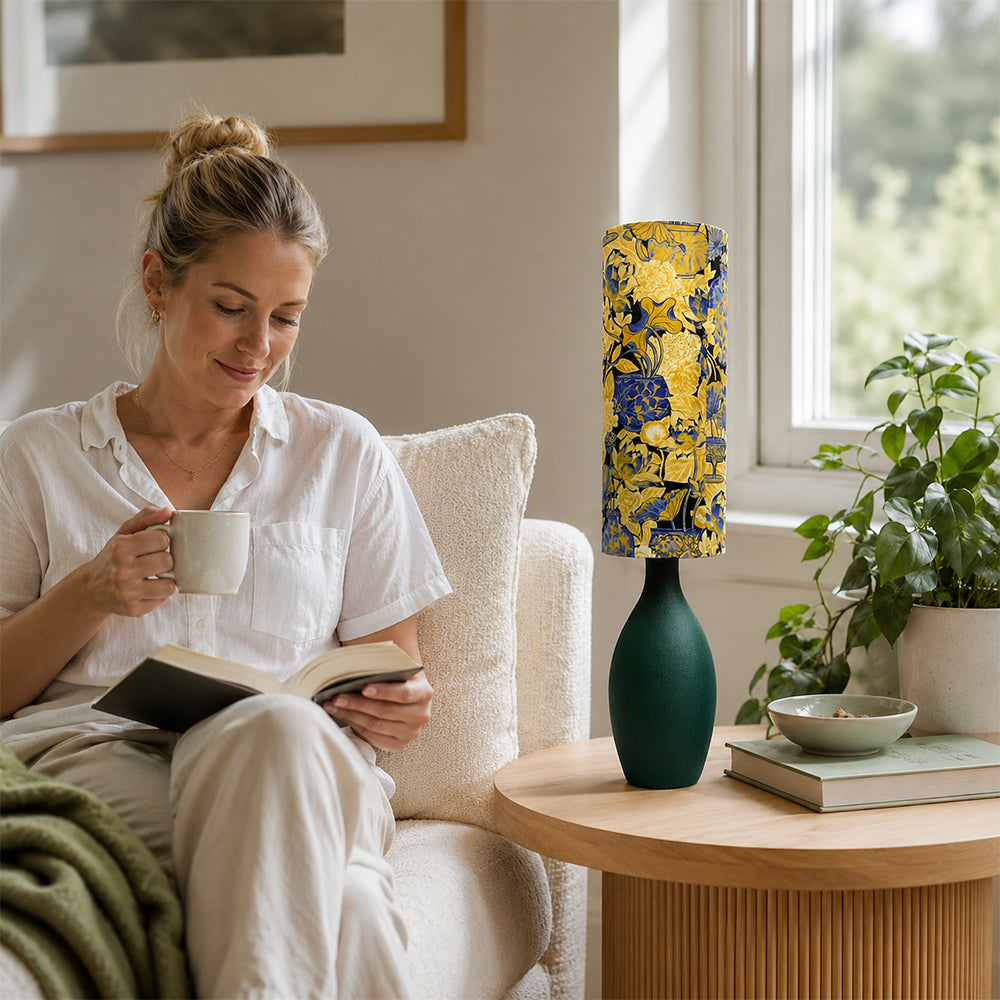 LIVARA Tropical Botanical Fabric Table Lamp Plug-In Accent Light for Bedroom Living Room - Yellow & Blue