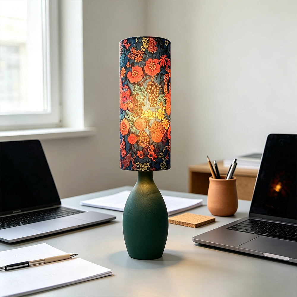 LIVARA Gold-Accented Floral Fabric Table Lamp Plug-In Bedside Light for Bedroom Living Room - Dark Green