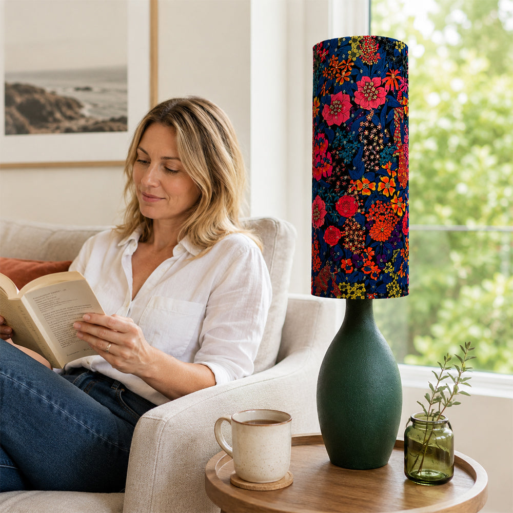 LIVARA Gold-Accented Floral Fabric Table Lamp Plug-In Bedside Light for Bedroom Living Room - Dark Green