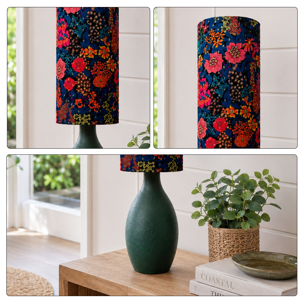 LIVARA Gold-Accented Floral Fabric Table Lamp Plug-In Bedside Light for Bedroom Living Room - Dark Green