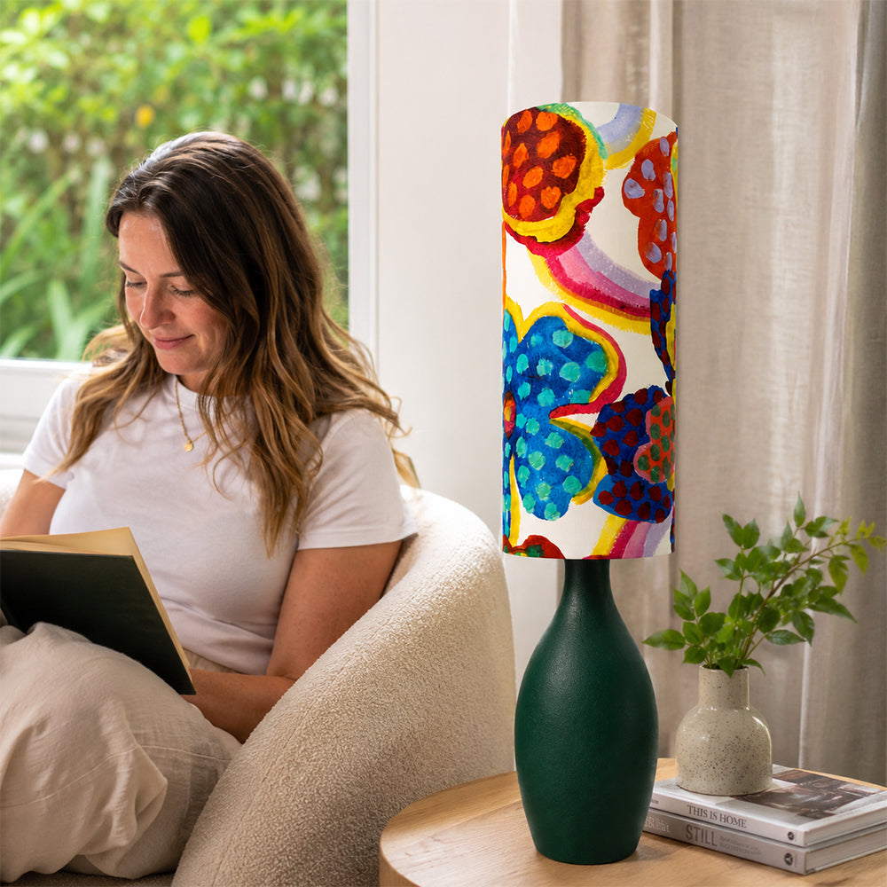 LIVARA Gold-Accented Floral Fabric Table Lamp Plug-In Bedside Light for Bedroom Living Room - Multicolour