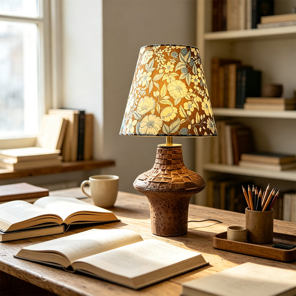 LIVARA Vintage Floral Fabric Table Lamp Plug-In Bedside Accent Light for Bedroom Living Room - Brown & Orange