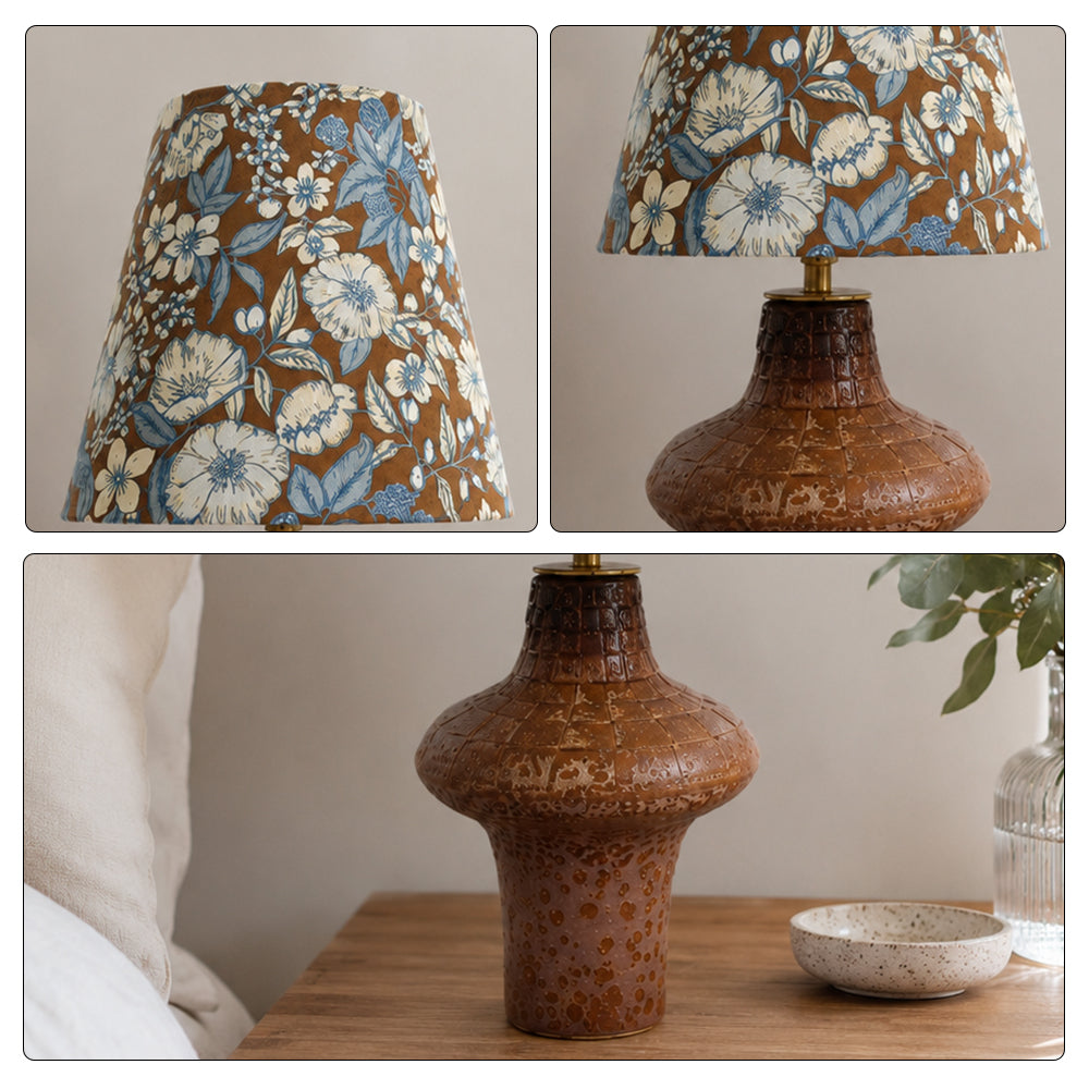 LIVARA Vintage Floral Fabric Table Lamp Plug-In Bedside Accent Light for Bedroom Living Room - Brown & Orange