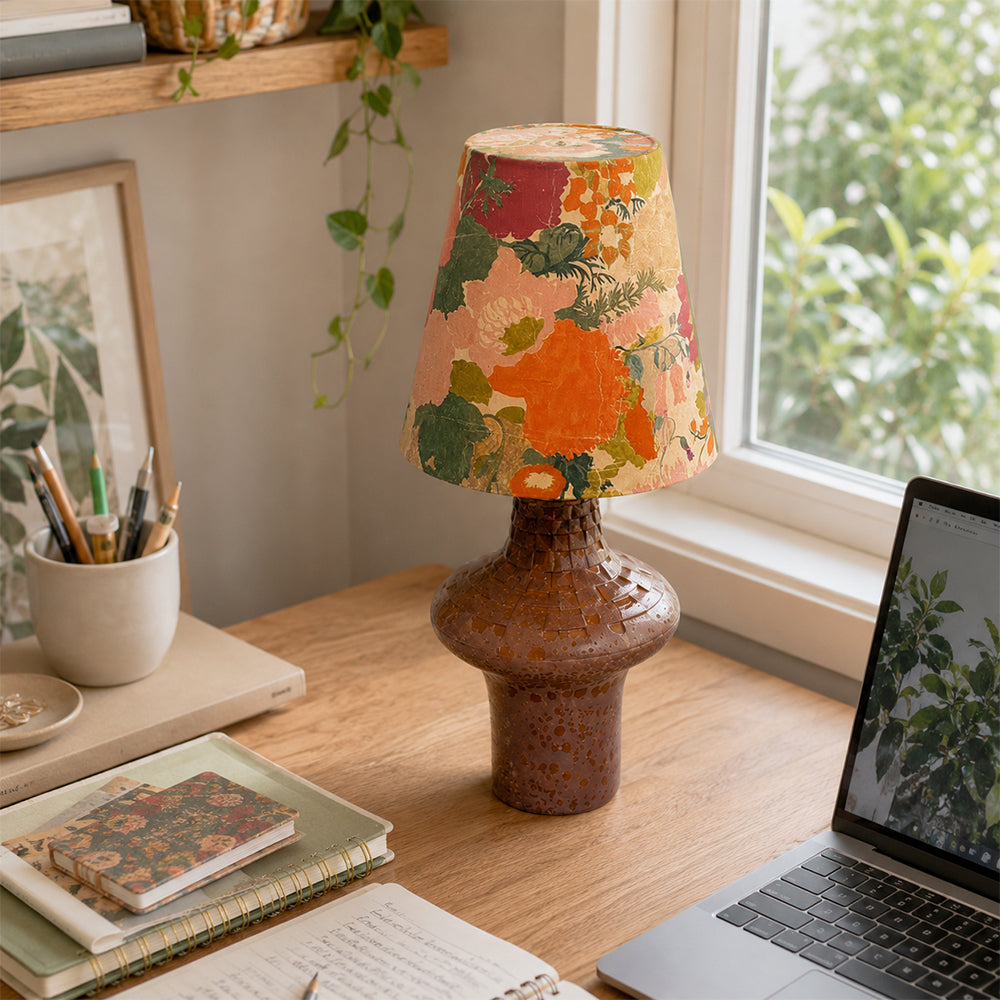 LIVARA Vintage Floral Fabric Table Lamp Plug-In Bedside Accent Light for Bedroom Living Room - Brown & Orange