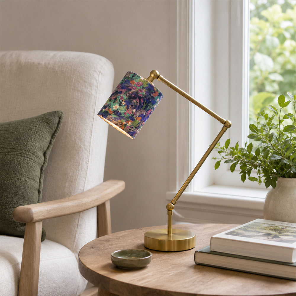 LIVARA Adjustable Arm Fabric Shade Desk Lamp Plug-In Reading Light for Bedroom Study - Brass & Multicolour