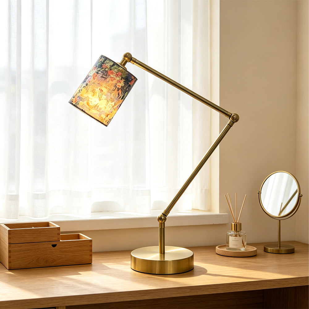 LIVARA Adjustable Arm Fabric Shade Desk Lamp Plug-In Reading Light for Bedroom Study - Brass & Multicolour