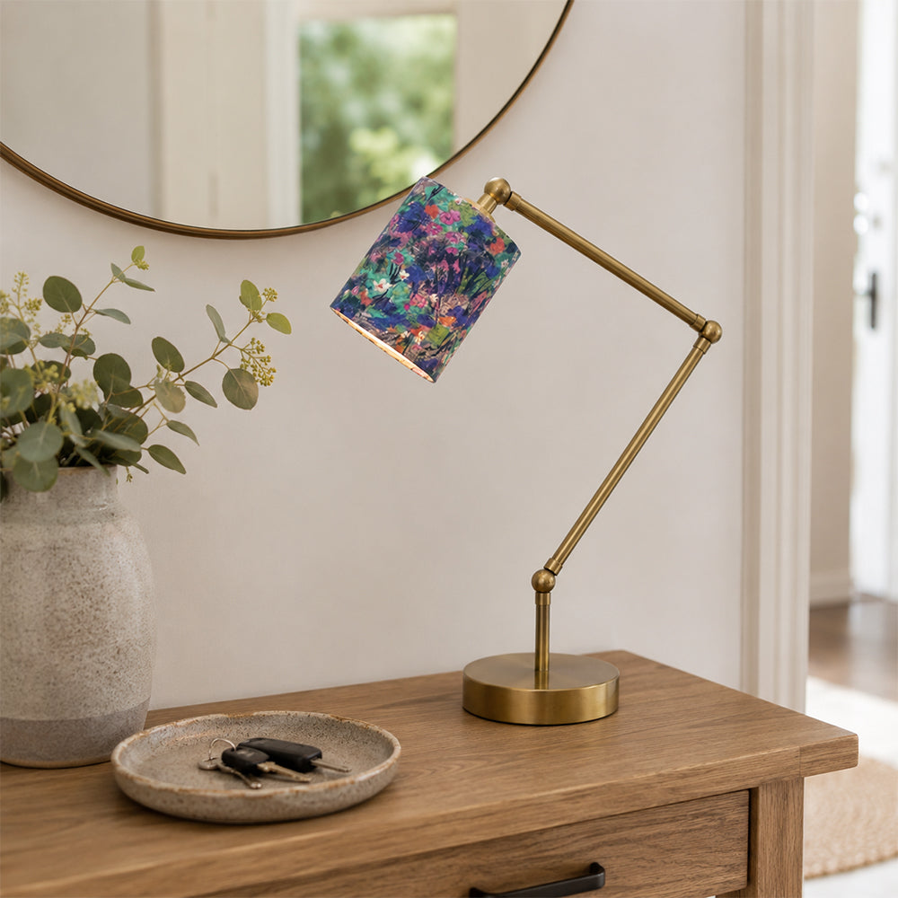 LIVARA Adjustable Arm Fabric Shade Desk Lamp Plug-In Reading Light for Bedroom Study - Brass & Multicolour