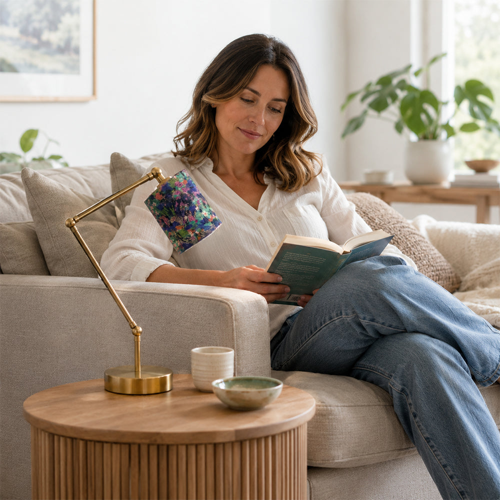 LIVARA Adjustable Arm Fabric Shade Desk Lamp Plug-In Reading Light for Bedroom Study - Brass & Multicolour