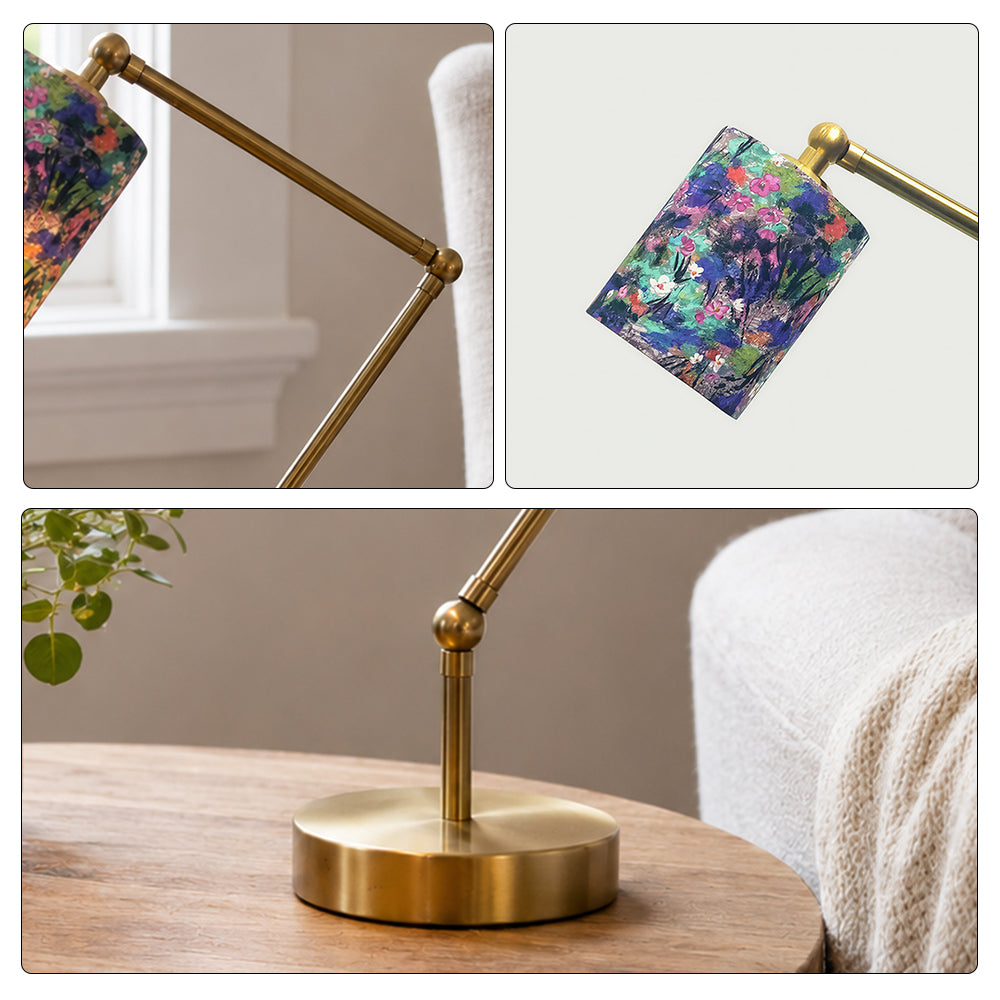 LIVARA Adjustable Arm Fabric Shade Desk Lamp Plug-In Reading Light for Bedroom Study - Brass & Multicolour