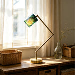 LIVARA Adjustable Arm Fabric Shade Desk Lamp Plug-In Reading Light for Bedroom Study - Brass & Blue