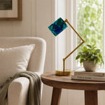 LIVARA Adjustable Arm Fabric Shade Desk Lamp Plug-In Reading Light for Bedroom Study - Brass & Blue