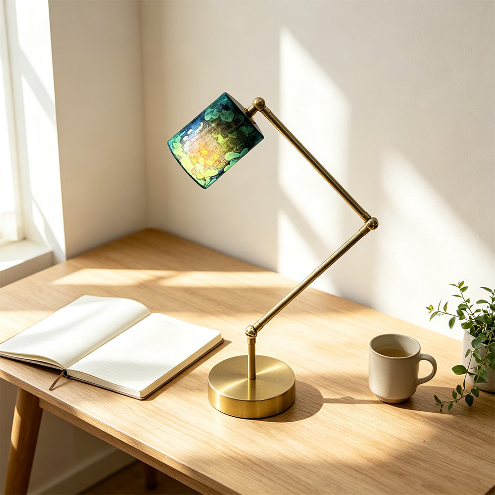 LIVARA Adjustable Arm Fabric Shade Desk Lamp Plug-In Reading Light for Bedroom Study - Brass & Blue