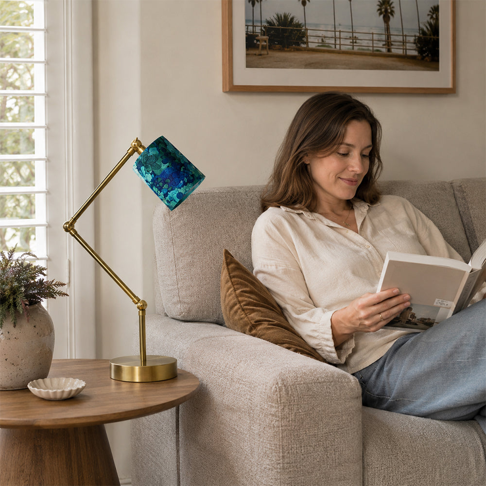 LIVARA Adjustable Arm Fabric Shade Desk Lamp Plug-In Reading Light for Bedroom Study - Brass & Blue