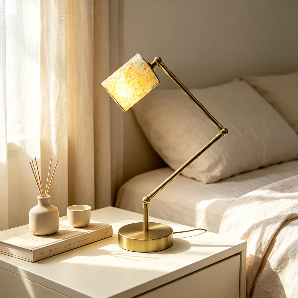 LIVARA Adjustable Arm Fabric Shade Desk Lamp Plug-In Reading Light for Bedroom Study - Brass & White