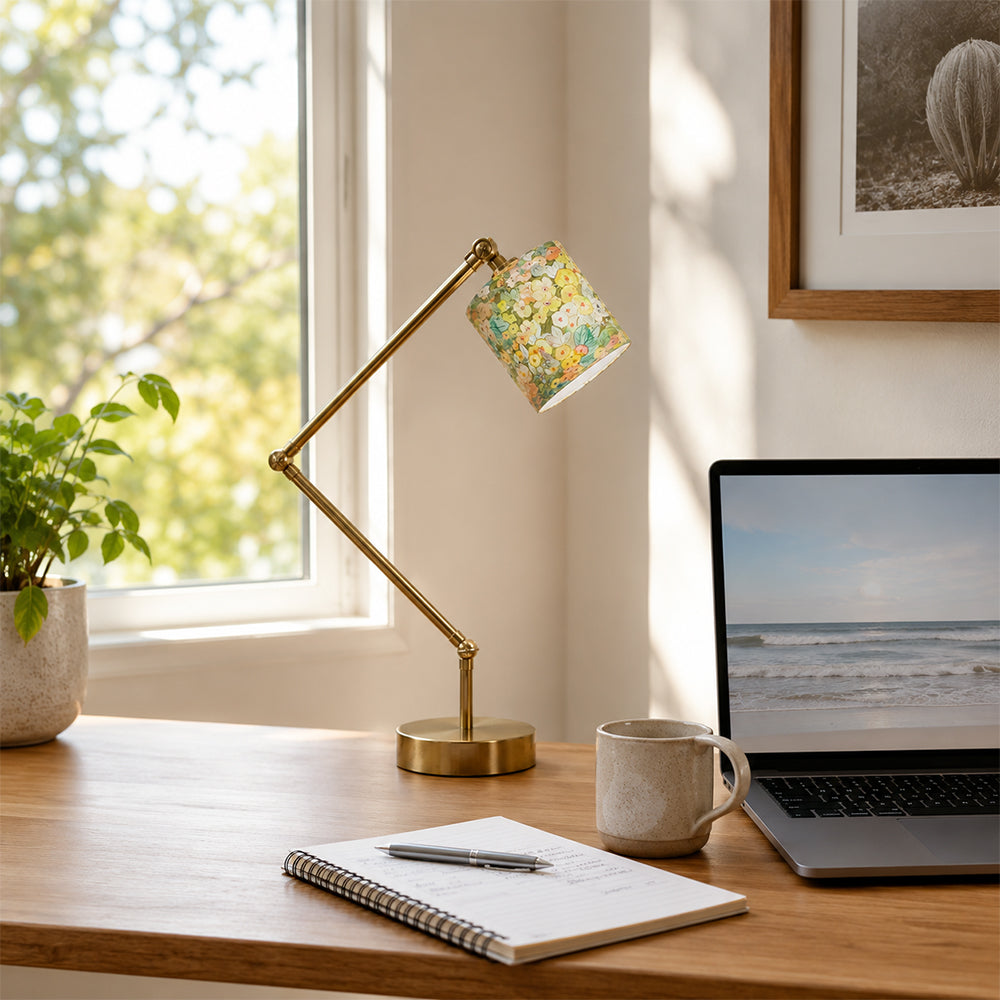 LIVARA Adjustable Arm Fabric Shade Desk Lamp Plug-In Reading Light for Bedroom Study - Brass & White