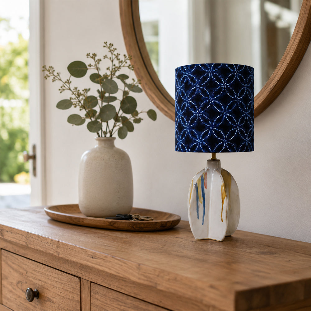 LIVARA Blue Pattern Fabric Shade Ceramic Table Lamp Plug-In Bedside Accent Light for Bedroom Living Room - Blue & White