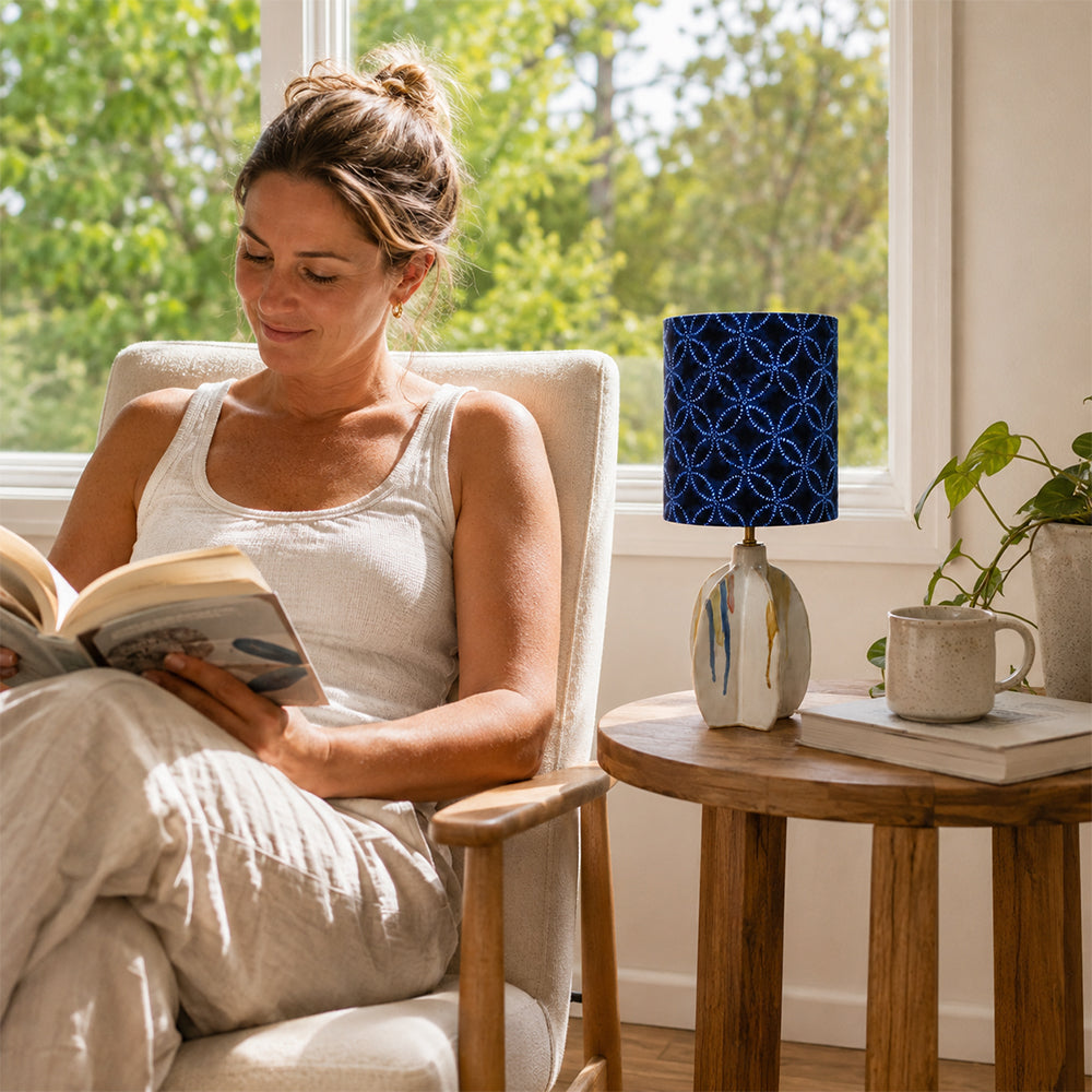 LIVARA Blue Pattern Fabric Shade Ceramic Table Lamp Plug-In Bedside Accent Light for Bedroom Living Room - Blue & White