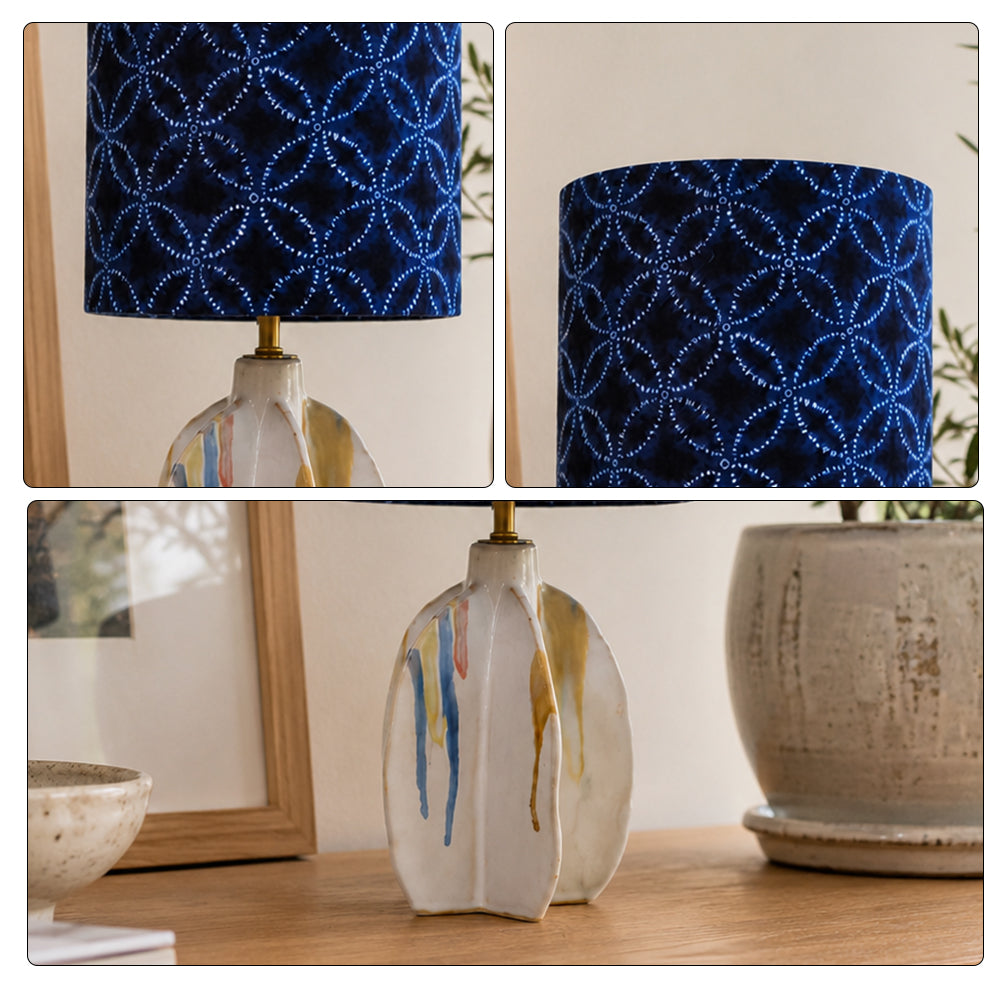 LIVARA Blue Pattern Fabric Shade Ceramic Table Lamp Plug-In Bedside Accent Light for Bedroom Living Room - Blue & White