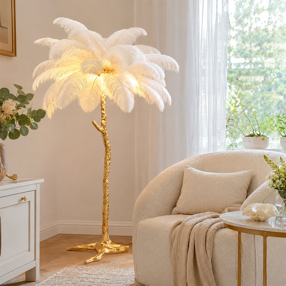 LIVARA 1.2m Feather Palm Tree Floor Lamp with 3-Colour Lighting for Living Room Bedroom - White