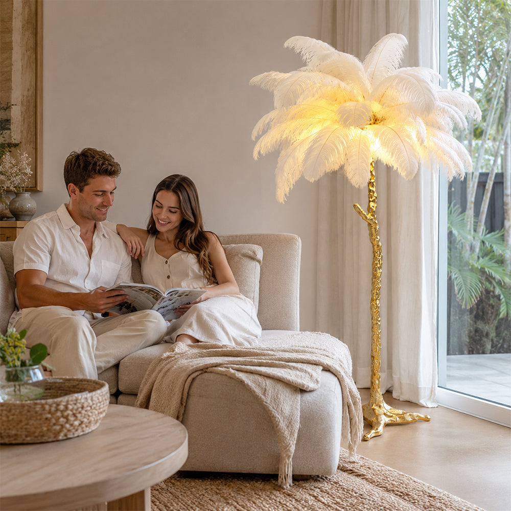 LIVARA 1.2m Feather Palm Tree Floor Lamp with 3-Colour Lighting for Living Room Bedroom - White