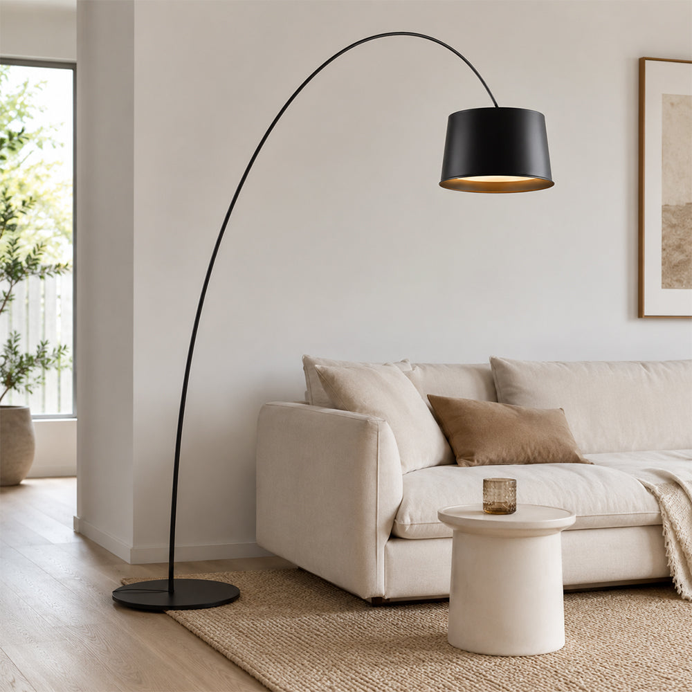 LIVARA Large Arc Floor Lamp with 45cm Shade Warm Light for Living Room Reading Corner - Black